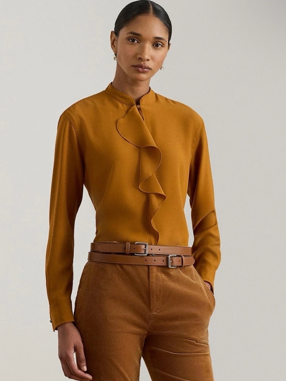 Lauren Ralph Lauren Women XL Brown Ruffle Front Blouse Long Sleeve NWT $165